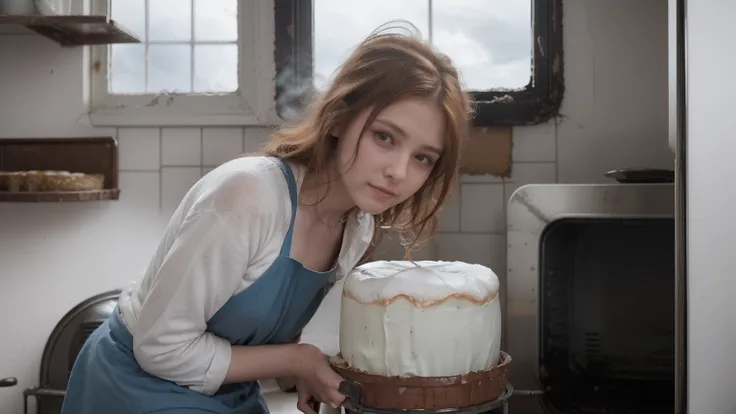 A photorealistic, filmgrain-style image of Emma kneeling in front of a broken oven, smoke rising from burnt cakes. Her auburn hair is slightly messy, and she wears the same white apron and blue sweater. The bakery is dimly lit, with storm clouds visible th...