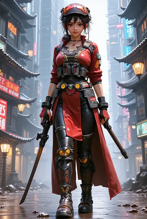 Create Bangalore from Apex Legends with a samurai skin holding an AK47 in your hand and a sword in the other hand with a scenario related to it 