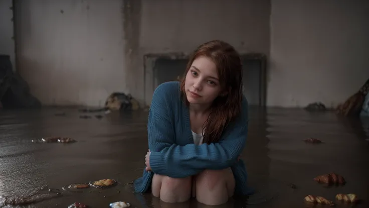 A photorealistic, filmgrain-style image of Emma sitting on the wet floor of her flooded bakery, rainwater pooling around her. Her auburn hair is damp, and her blue sweater is soaked. The room is a mess, with overturned chairs and ruined pastries. Her face ...