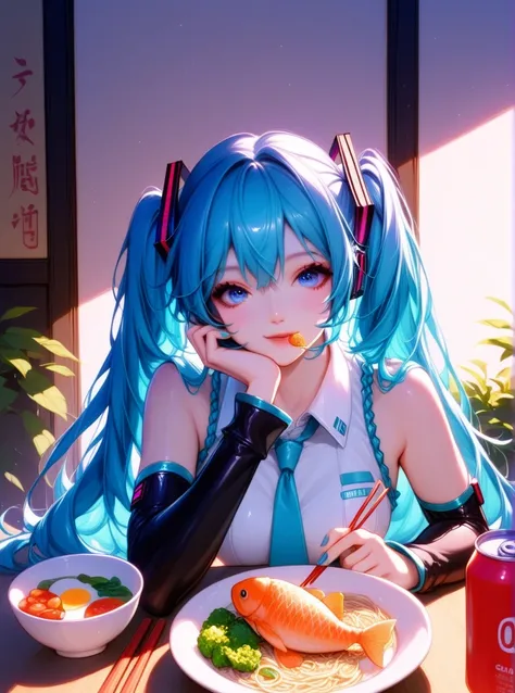 1girl, hatsune miku, vocaloid, blue eyes, blue hair, bowl, can, chopsticks, collared shirt, detached sleeves, eating, elbow rest, fish \(food\), food, holding, holding chopsticks, katsudon \(food\), long hair, long sleeves, looking at viewer, meal, nail po...