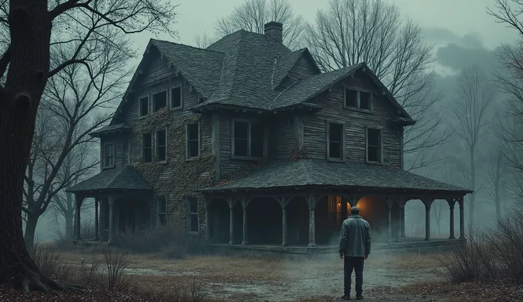 A decayed, abandoned manor stands deep in the Appalachian Mountains, its windows dark and empty. The rotting wooden exterior is covered in ivy, and the front porch sags with age. A single, broken lantern dangles by the door, barely flickering. In the foreg...