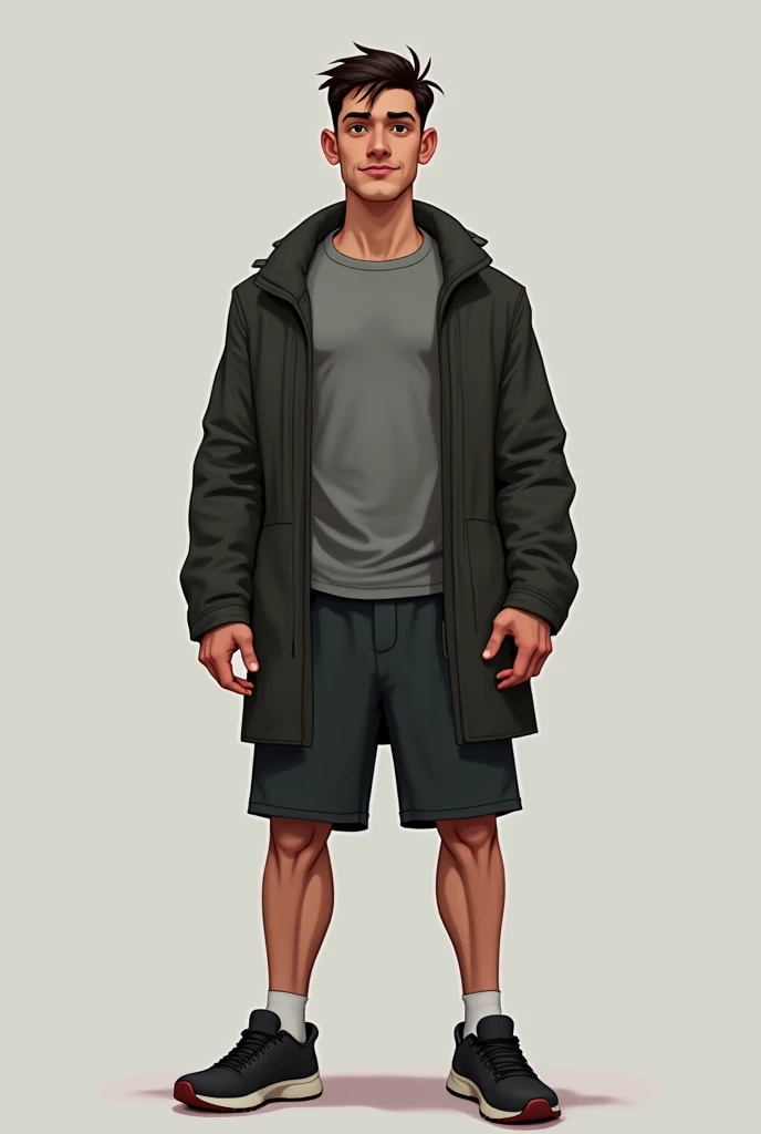 Athletic body with a weight of about 70 kilos. Average height. Long and short facial expressions. Short clothes, but wearing a coat and a tight-fitting T-shirt on the inside. It gives a defined body that has no scars.