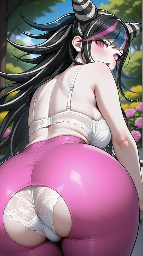 Large Soft Breasts, Huge Soft Rounded Plump Ass, beautiful, Cute, Happy, Energetic, Quirky, Coy, Punk, Emo, 1girl, Ibuki Mioda (Danganronpa), ((Long sharp spiky hair with multiple white streaks), (bangs two layers side swept, streaked with pink and blue), ...