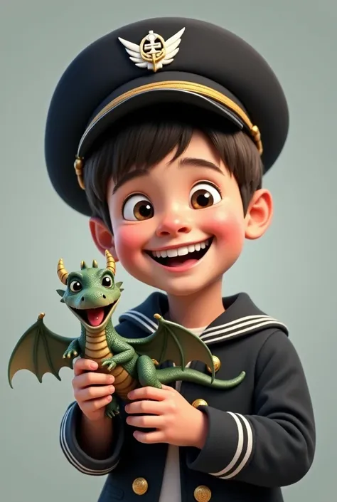 photoreal, use the image, boy is smiling, very happy face, give a dragon toy to his left hand, and wearing a black Ship captain hat, do not add any other character to the image