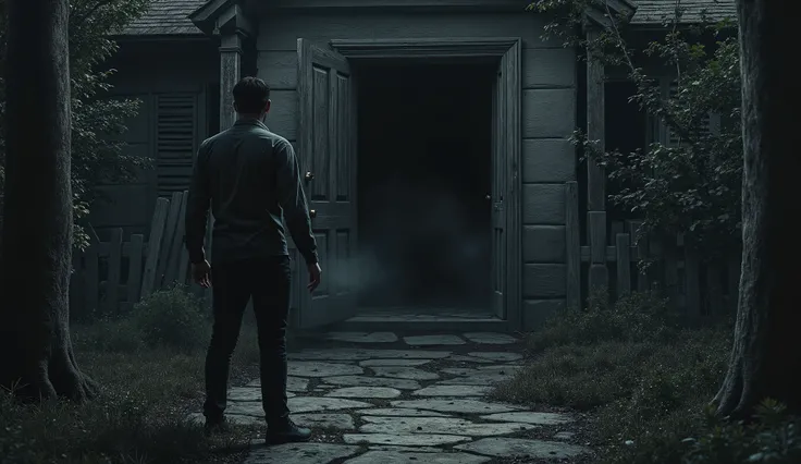 A realistic horror scene of the front door of Black Hollow Manor slowly creaking open by itself. The young man, standing at the threshold, hesitates, his expression a mix of fear and determination. The interior beyond the doorway is pitch black, with only ...