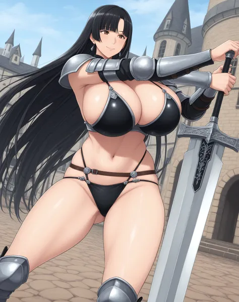 score_9, score_8_up, score_7_up, source_anime, 1woman, huge breasts, large breasts, curvy, voluptuous, black hair (side bangs:1.2), brown eyes, straight long hair, black bikini armor, earrings, smile, standing, dynamic pose, greatsword, medieval fantasy ci...