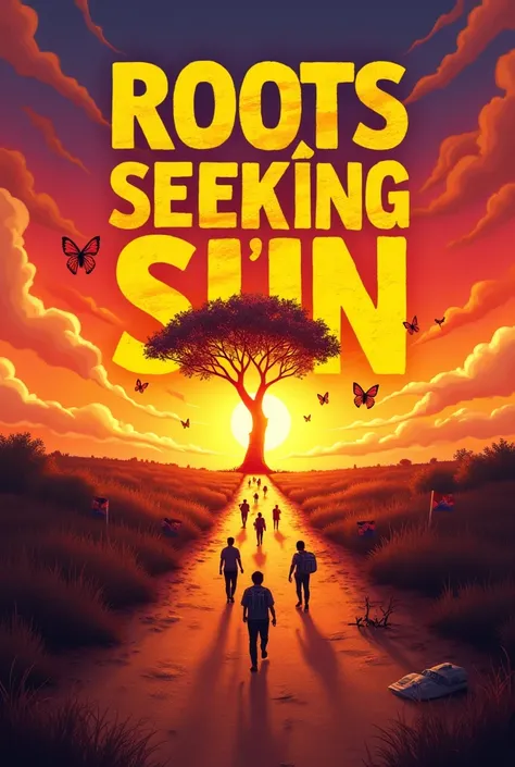 large and striking text in Spanish : " Roots Seeking the Sun ",background image:

     A long and dusty road that is lost on the horizon ,  symbolizing the immigrant's journey .

     On the road ,  silhouettes of people walking with backpacks on their sho...