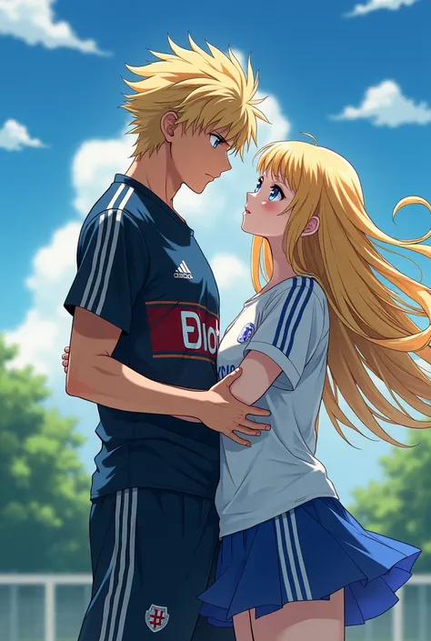 Barou shoei from bluelock with a girl with long light blonde hair and blue eyes anime style 