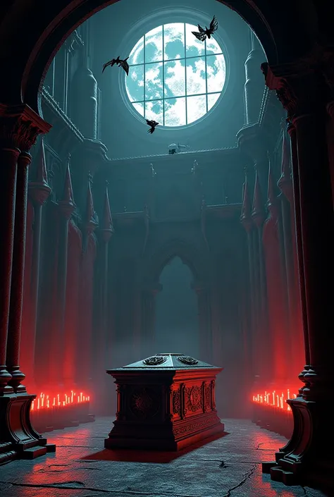 Vampire coffin inside a dark castle with lots of bats and behind red candles and red and blood flags with round window illuminated only by the full moon and giant mirror  