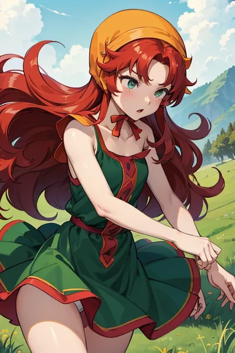 High resolution、highest quality、Small stature、Small shoulders、White skin、long hair、slender、maribel、 red hair、hood, (green dress)、Green Mini Dress、Big slit、blush、Thin thighs、White panties、The strong wind is blowing up her skirt、Daytime Grassland