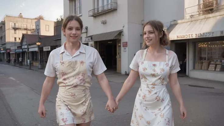 A photorealistic, filmgrain-style image of Emma and Ben standing outside the bakery at sunset, holding hands. Emma wears her floral dress and apron, and Ben is in his white shirt. The bakery sign glows warmly behind them, and the street is bathed in golden...