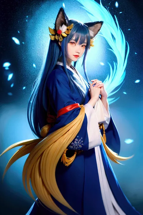 torii　Shrine maiden　Nine-Tailed Fox　fox Light blue hair 　beast girl　indigo fur　fox beast girl　fox Light blue hair 　beast girl　indigo fur　fox beast girl　Wallpaper 4k,8k,highly detailled,,vivid colors,detailed kitsune with 9 tails,traditional Japanese artwor...