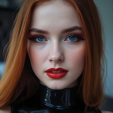 deep red lips, lip gloss, shiny lips, eyeliner flicks, thick eyeliner, latex outfit, cute makeup, red hair, blue eyes, bedroom