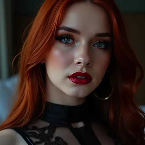 deep red lips, lip gloss, shiny lips, eyeliner flicks, thick eyeliner, latex outfit, cute makeup, red hair, blue eyes, bedroom