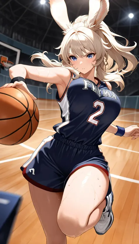 (((( Masterpiece)))), (((( TOP QUALITY)))), high resolution,fine grain, detailed face, depiction of a face expressed in great detail, Detailed Eyes 、Detailed faces、Hair drawn down to the smallest detail 、Sparkling Skin、sweat、viera, basketball playe...