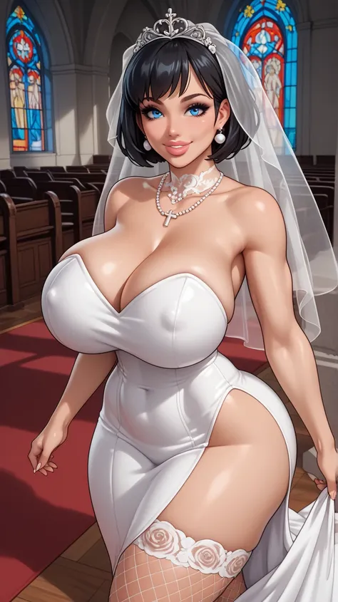 score_9, score_8_up, score_7_up, 1girl, solo, bob hair, black hair, eyebrow upward, eyeliner luxe, blue eyes, bimbo lips, smile, wedding dress, long tight white fishnet stockings, sexy body, sexy pose, massive breasts ((bust ratio: 86DD)), flat abdomen, sm...