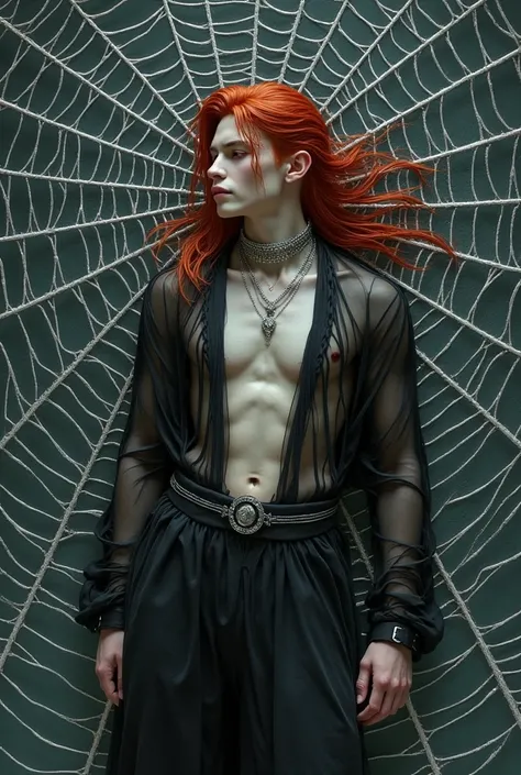  artwork, realistic,  realism, best quality male  ,Beautiful male teenager with long wet red hair and slime , usando bata preta feita de teias transparente com gargantilha prateada com botas longas cinzas deitado em uma teia de aranha gigante prateada no a...