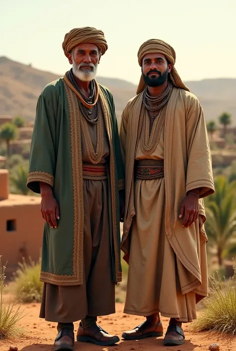 Two Two Algerians  men of different generations stand side by side in a rural setting, showcasing cultural attire and a traditional lifestyle