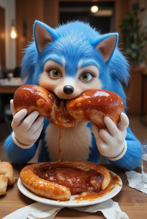 "A highly realistic image of adult Sonic the Hedgehog sitting at a table, eating an enormous, juicy sausage with rich, succulent sauce dripping from it. The sausage is massive, much larger than Sonic’s hands, and it’s cooked to perfection, with a golden-br...