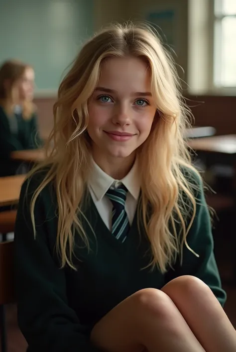 photorealistic, a  blonde smiling British 18yo girl who looks similar to Emma Watson, blue eyes, beautiful detailed eyes, beautiful detailed lips, extremely detailed face, long eyelashes, school uniform, leaning against a bench, showing legs, classroom int...