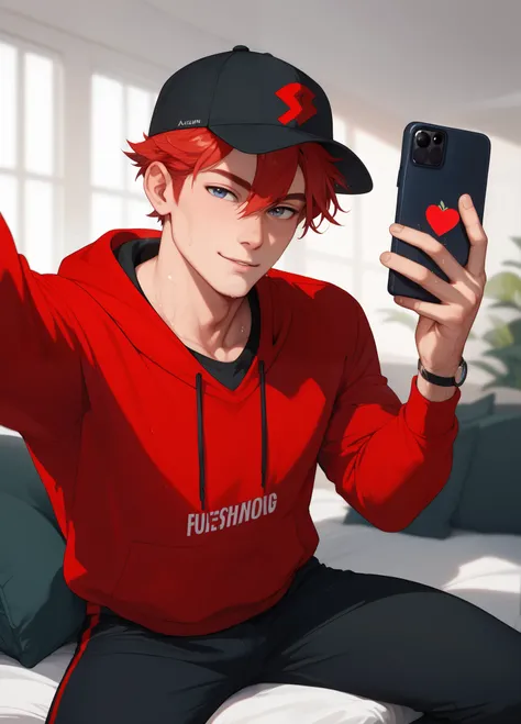 LiaqN.Red haired man.Handsome.Wearing a red hoodie cap black skinny pants Smelly and Sweaty Socks.Taking a selfie.mobile phone