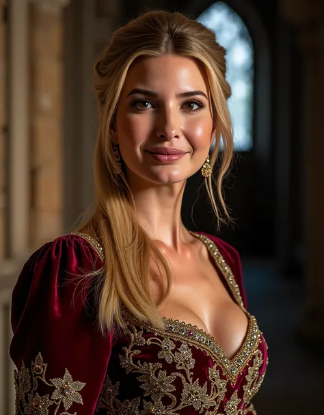 Ivanka Trump, sexy medieval noblewoman, alone, looking at the viewer, cleavage, huge bust size, wearing medieval jewelry, wearing medieval noble dress, realistic, inside medieval castle at nighttime, (realistic, a high resolution), best quality, high detai...