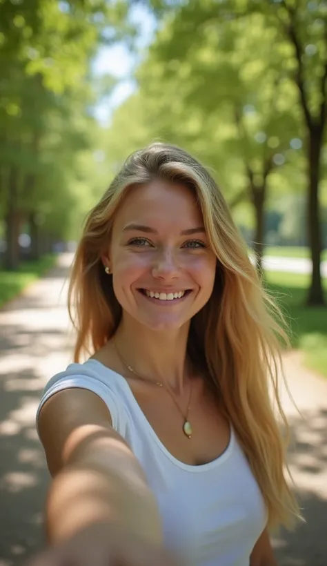 A 23-year-old woman with long, blonde hair takes a selfie while walking in a park. She holds the camera slightly to the side, capturing her natural smile as she walks, her hair flowing in the breeze. The green trees and soft sunlight create a calm, joyful ...