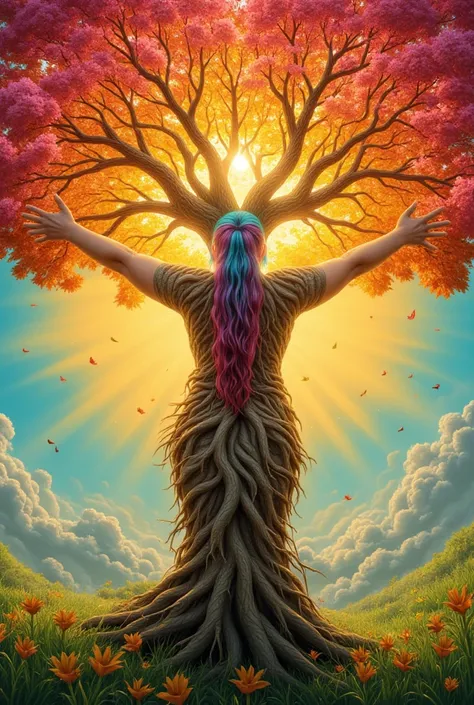 Detailed logo Back view HDR hyper-realistic Surreal vibrant airbrush art. Whimsical woman with vibrant bright colorful long hair. Her plus-size form blending seamlessly into a tree connected to realistic visual tree roots She holds booth arms towards the r...