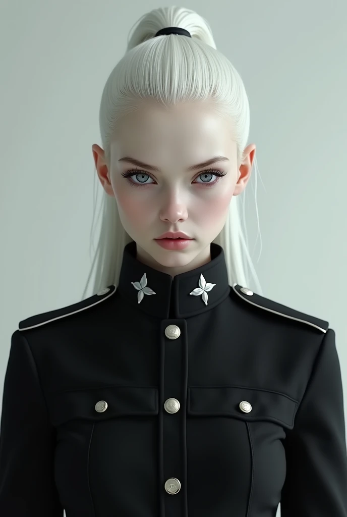  An albino girl in a black military suit . Gray eyes with a face  .  serious expression. And that her hair is tied in a ponytail . 
 The scenario would be of her in full body in a military pose. 