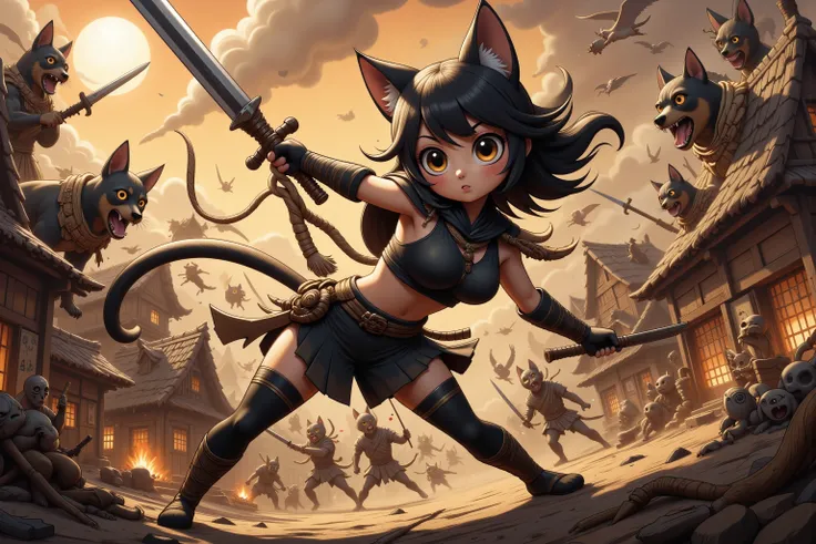 (Extreme complexity, multiple subjects), (Subjects 1: Sexy females (Asian influence, cat woman humanoids, big breasts, ample butt, short pumpkin body fur, sexy black ninja outfit, large fierce eyes, weapons)( is in a life or death battle against a mob of D...