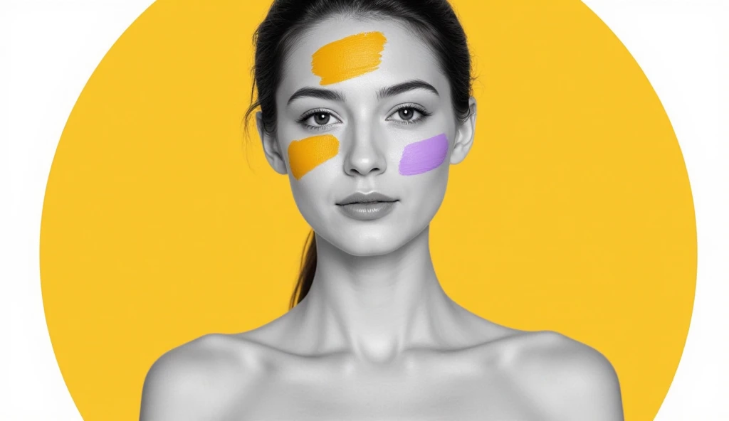 A black-and-white photograph of an elegant woman with mustard yellow and periwinkle paint brush strokes on her face. The background is a light mustard circle. The overall image has a minimalist style.