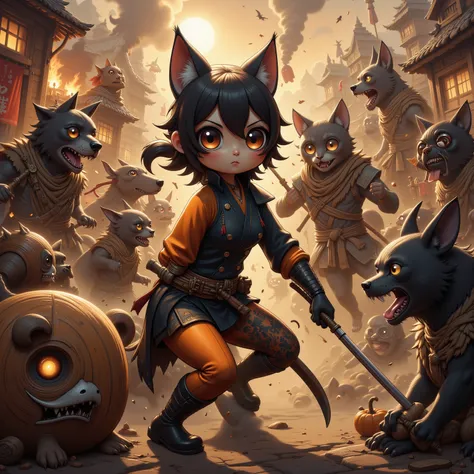 (Extreme complexity, multiple subjects), (Subjects 1: Sexy females (Asian influence, cat woman humanoids, big breasts, ample butt, short pumpkin body fur, sexy black ninja outfit, large fierce eyes, weapons)( is in a life or death battle against a mob of D...