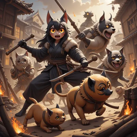 (Extreme complexity, multiple subjects), (Subjects 1: Sexy females (Asian influence, cat woman humanoids, big breasts, ample butt, short pumpkin body fur, sexy black ninja outfit, large fierce eyes, weapons)( is in a life or death battle against a mob of D...