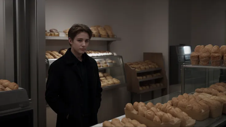 A photorealistic, filmgrain-style image of Ryan, in his black coat, standing sad awkwardly at the bakery counter.