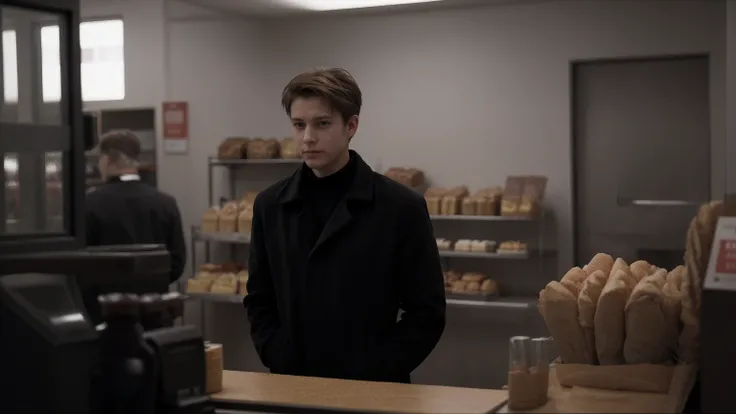 A photorealistic, filmgrain-style image of Ryan, in his black coat, standing sad awkwardly at the bakery counter.