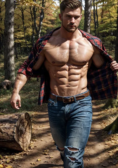 Ultra-realistic, cinematic shot of an extremely handsome woodcutter with a rugged, masculine appearance. He wears a red plaid shirt, unbuttoned to reveal his well-defined abs and a hairy chest. His broad shoulders and muscular physique (2.0) exude strength...