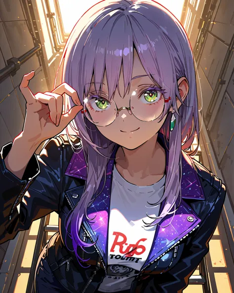 超 high resolution, ((( purple long hair))),(((Red-rimmed round glasses ))),((( green eyes))), Purple Capelet,((( Izumi Yuki))), gesture to move twisted swirl glasses off your face with your left hand,  very beautiful woman,  focus on left hand ,  the text ...