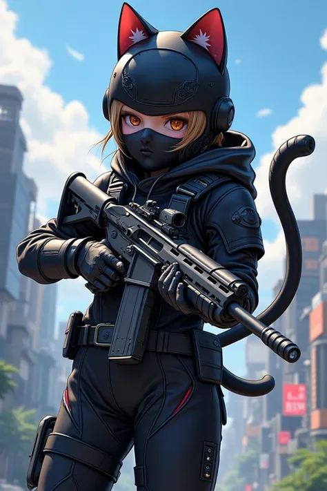  top quality、2D Anime、 1 girl、 black cat combat suit、mechanical cat tail, face covering with helmet and mask, Holding a weapon in hand, gripping energy rifle, aiming a gripping energy rifle at side, virtual cities