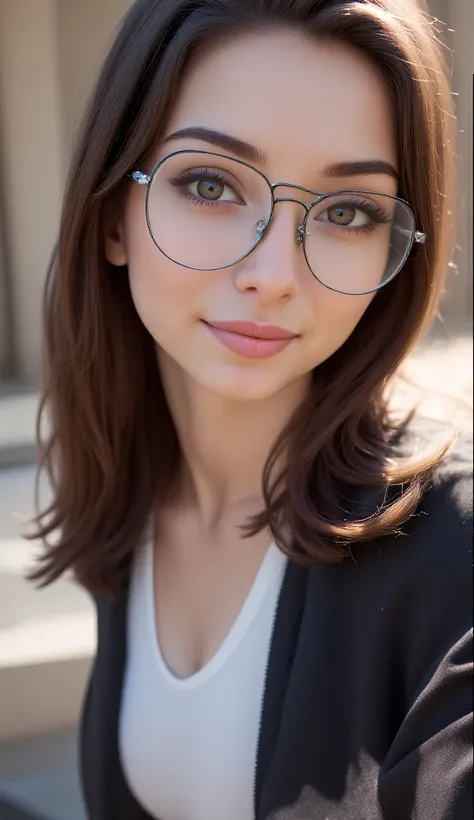 A 40-year-old woman with long, dark brown hair takes a close-up selfie while wearing stylish glasses. She has a confident yet relaxed smile, her eyes sparkling behind the frames. Her hair is neatly styled and falls gracefully around her shoulders, and the ...