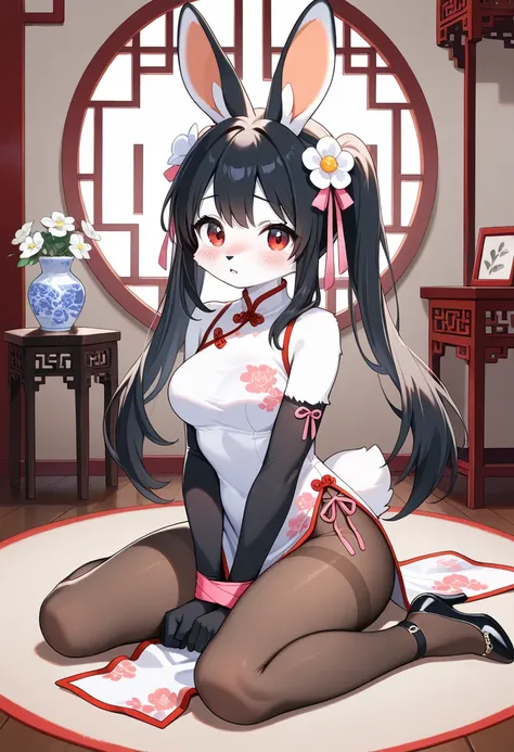 1girl, (furry, kemono:1.4), rabbit girl, animal nose, rabbit ears, solo, chinese clothes, pantyhose, china dress, flower, hair ornament, high heels, dress, black hair, gloves, looking at viewer, breasts, hair flower, twintails, elbow gloves, sitting, black...