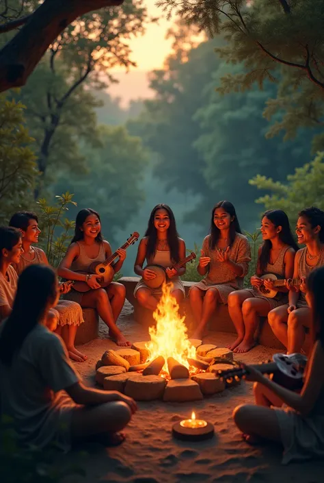  A circle of people sitting around a fire singing, with musical instruments sharing stories with indigenous people ,  all happy and fulfilled ,  smiling, a sunset,  forest, nature