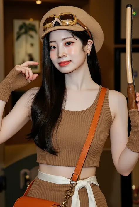  hyper-realistic portrait of Dahyun from TWICE dressed as Usopp from One Piece. She has fair skin and her signature bright charm, but with a determined and adventurous expression. She wears Usopp's classic outfit: a brown jumpsuit with a white sash around ...