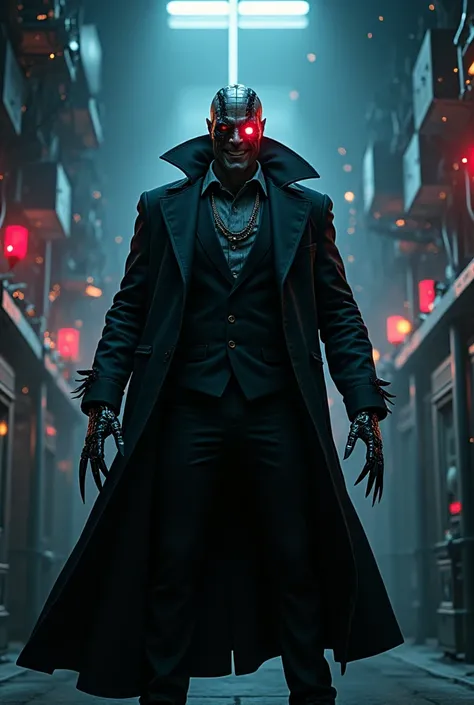 A sinister cybernetic villain named Dr. Zain stands in a dark, high-tech laboratory. He has a partially robotic face with one glowing red eye and metallic arms with sharp mechanical claws. His dark trench coat flows behind him as he grins menacingly, surro...