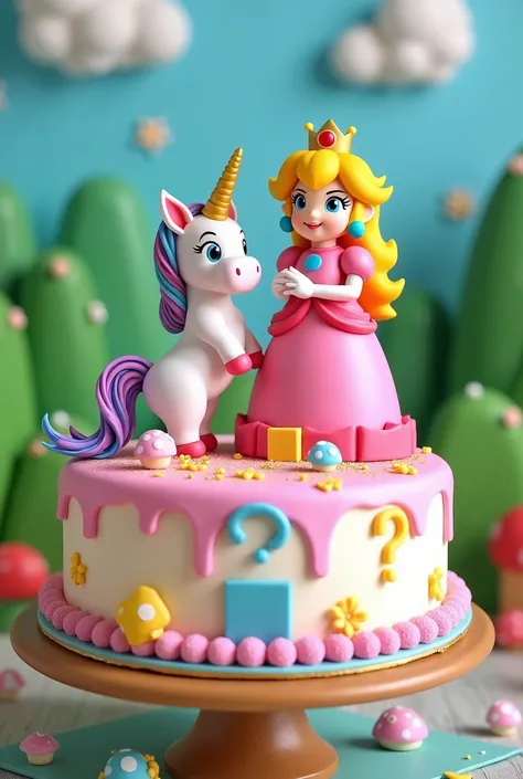 Mario Bros. themed pink birthday cake, with Princess Peach as the protagonist sharing with a unicorn 