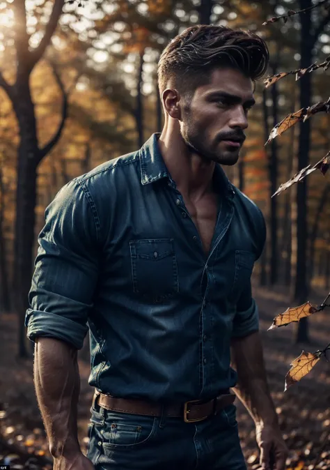 Ultra-realistic, cinematic shot of an extremely handsome woodcutter with a rugged, burly masculine  bodybuilder appearance. He wears a red plaid shirt, unbuttoned to reveal his well-defined abs and a hairy chest. His broad shoulders and muscular physique (...