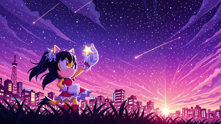  sonic channel (style), honey eyes, red dress, red hairband, yellow fur, cat tail, sonic (series), alone, 1 girl only, black hair, twintails, frilly hairbands, gazing up at the starry sky. Her hair flows beautifully in the wind, adding a sense of movement ...