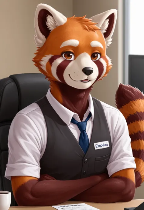 Red Panda employee, no head hair