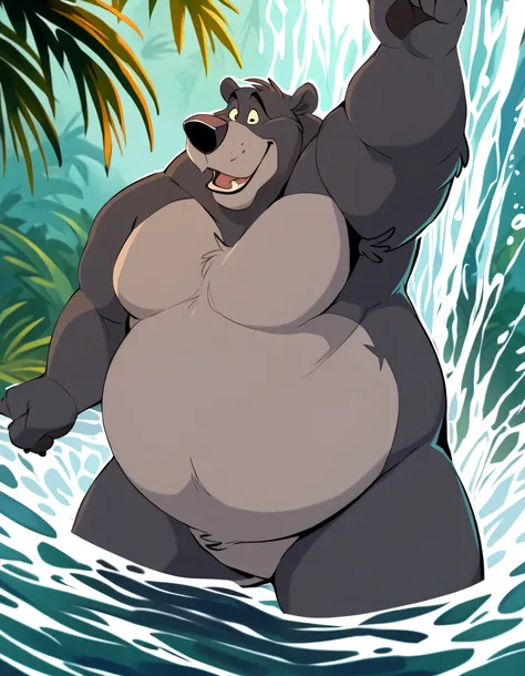 fine-detail full-body Portrait: Sarcastic obese Kodiak Bear Catching fish; massive, burly-Bear physique; huge and muscular, impressive figure; fat-stocky; catching a jumping salmon; suggestive expressions; perfect random-settings; superfine image quality; ...