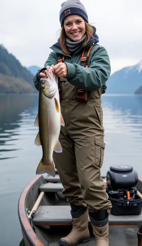 A woman standing on a small fishing boat, wearing waterproof pants and a jacket, holding up a large trout she just reeled in. Her boots are wet, and the background features calm lake waters surrounded by mountains.