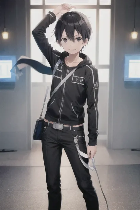 1boy, boy, kirito, looking at viewer, standing, cowboy shot, full body, smiling, ultra-detailed